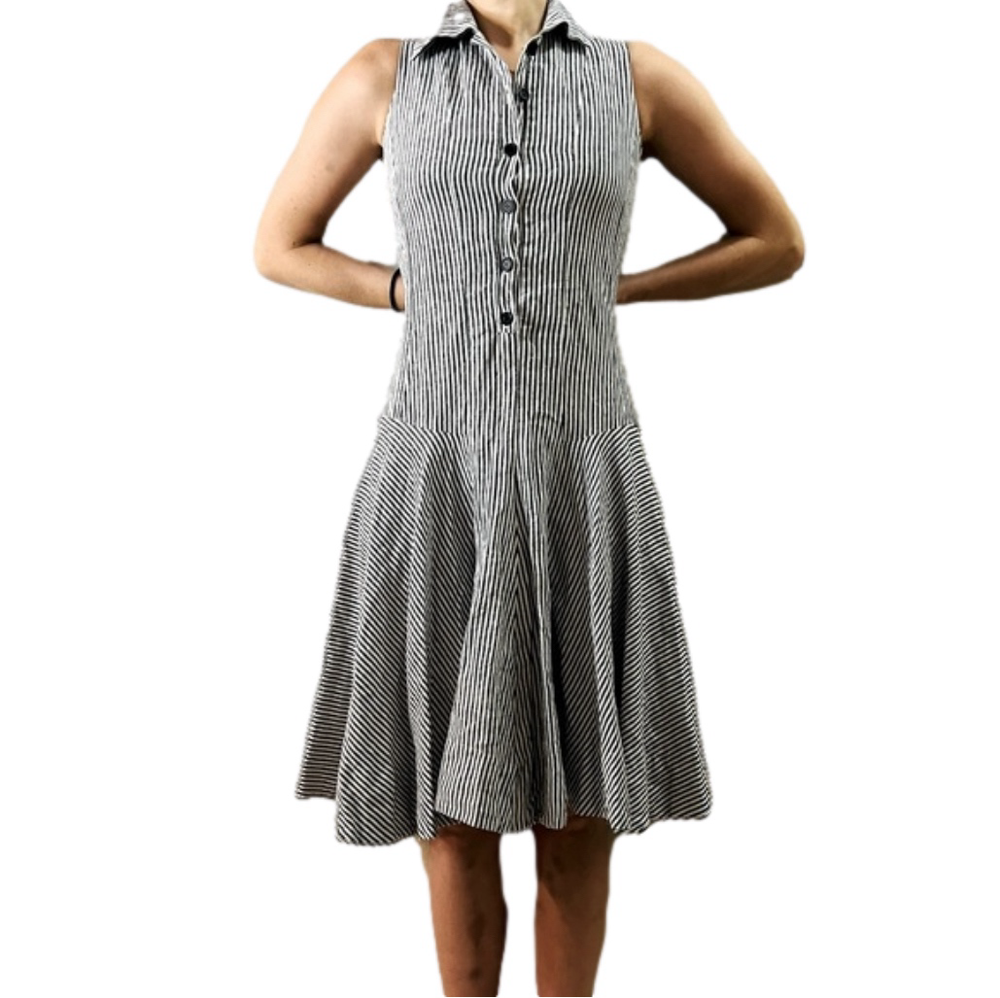ELM DESIGN Linen Gray White Stripes Button Down Pleated Collar Neck Midi Dress M